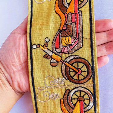 Beige Fabric trim with Embroidered Motor Bikes - Brown, Orange, Light Gold & Pink